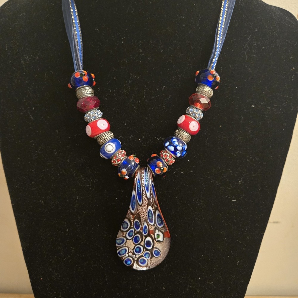 Murano Style Hand Blown Art Glass Bead Pendant Ribbon Necklace Patriotic Red